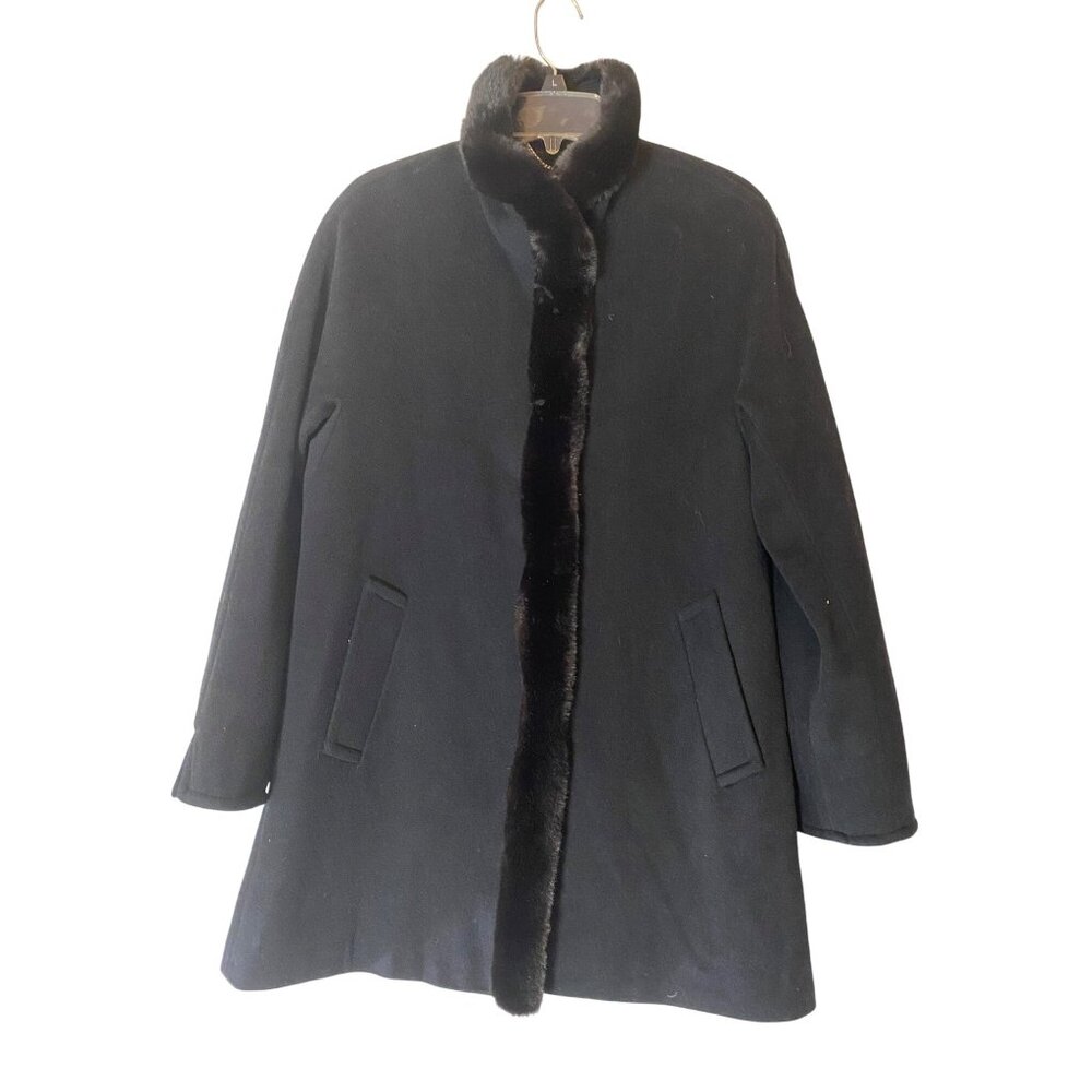 Ellen Tracy Black Wool Blend Coat W/ Faux Fur Trim Size 6